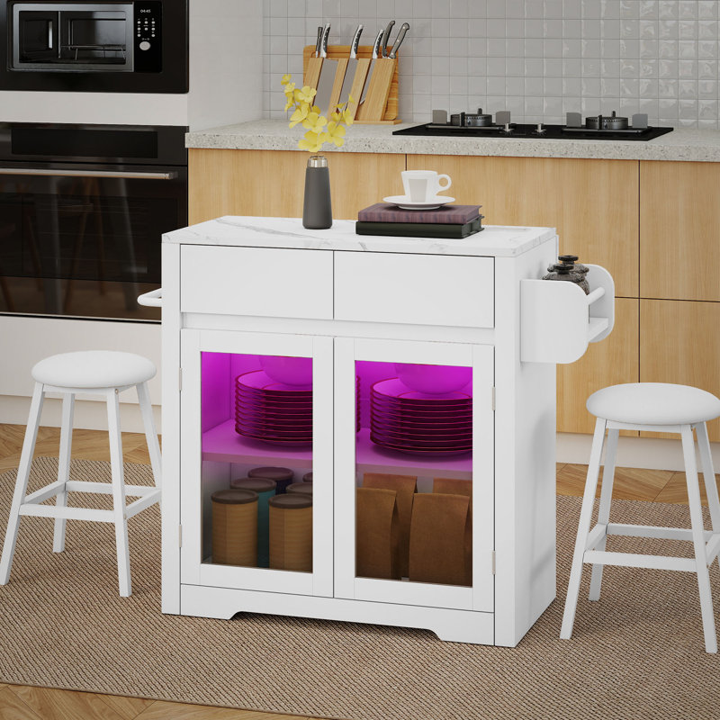  Ensemble d'îlot de cuisine 3 pièces avec armoire de rangement, tiroirs, prises de courant et 2 tabourets, Blanc
