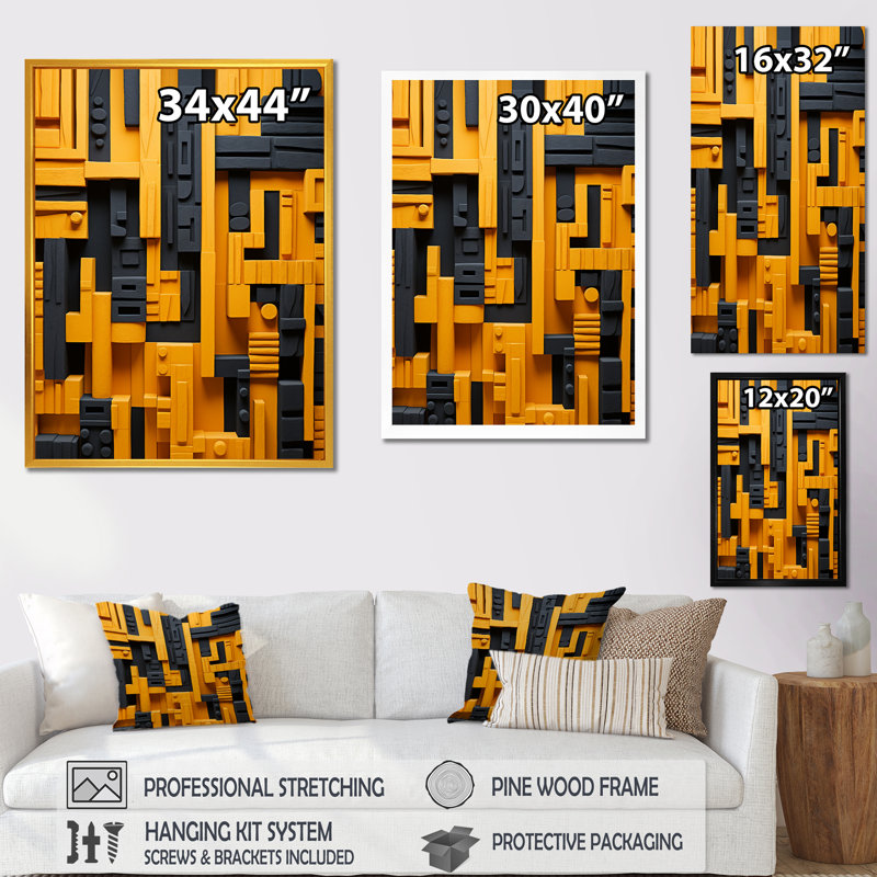 Motif tribal jaune Ndebele - art mural tribal africain, H 20 po x l 12 po x P 1 po, Cadre simple noir