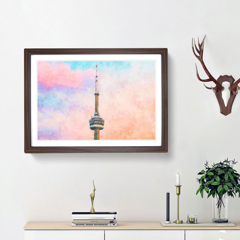 The CN Tower in Toronto Canada - Picture Frame Painting Print, 62cm H x 87cm W x 2cm D, Walnut Framed