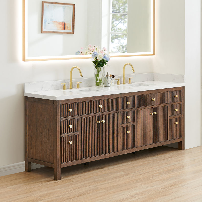 Lala 84" Double Bathroom Vanity with Grain White Engineered Stone Countertop without Mirror, Brown Brushed Oak