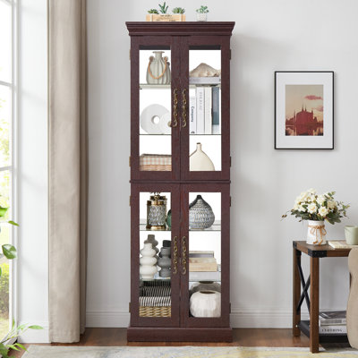 Vitrine en verre avec tablettes réglables et couleur cerise - 12,39 po Éclairage fascinant à large cadre en bois de style rétro foncé