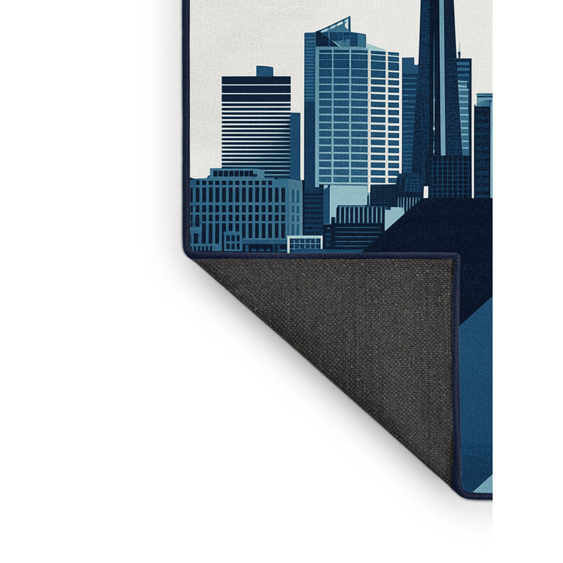 Soft Plush Rodolfo Auckland Skyline Modern & Contemporary Geometric Area Rug in Blue – Navy Binding, 4x6