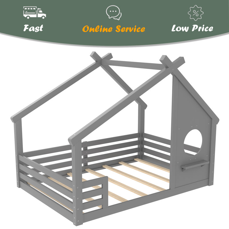 Lit de plancher avec fenêtre et petite tablette, lit de plancher en bois massif avec toit en forme de maison, sans sommier