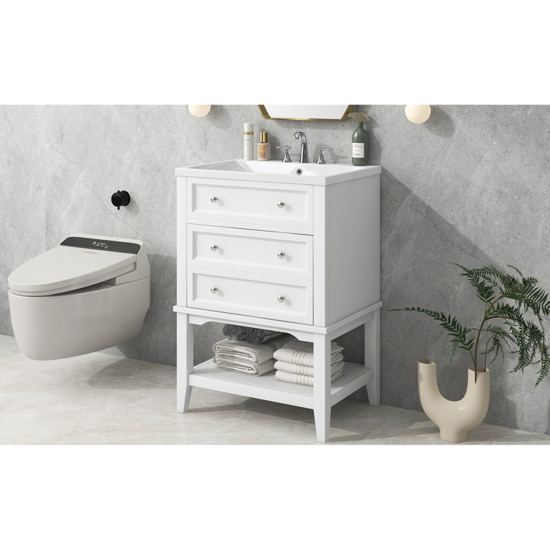 Meuble-lavabo moderne 24 po, lavabo en céramique, tiroir et tablette ouverte en bois massif blanc avec tiroir