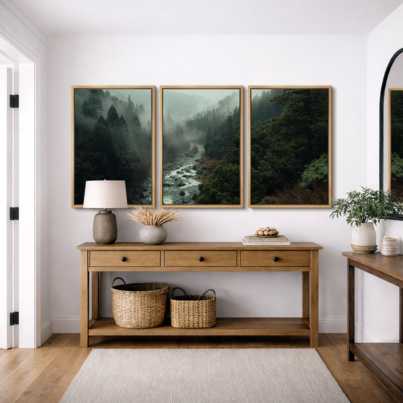 "Misty Forest Landscape", "Hazy Moody Dark Green River Nature", Tranquil Panoramic Modern Rustic Woodland Wall Art