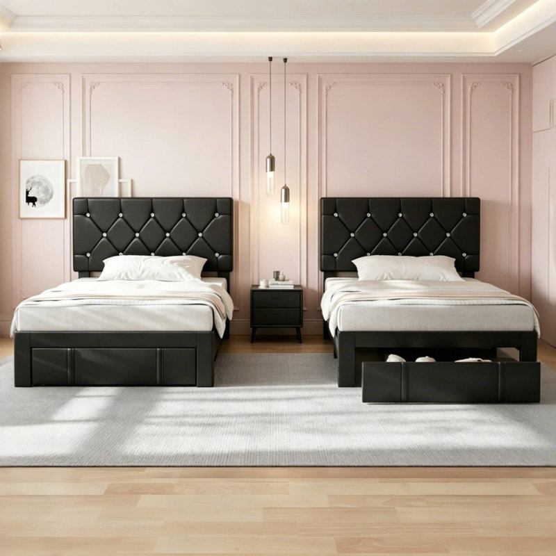 Ensemble de 2 têtes de lit simple tapissier à hauteur réglable avec tiroir et lit simple noir, Noir