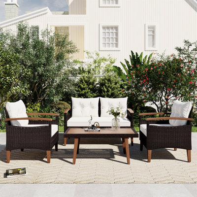 Mobilier de jardin 4 pièces, ensemble de sièges de patio, ensemble de canapé d'extérieur en rotin PE, table et pieds en bois, brun et beige