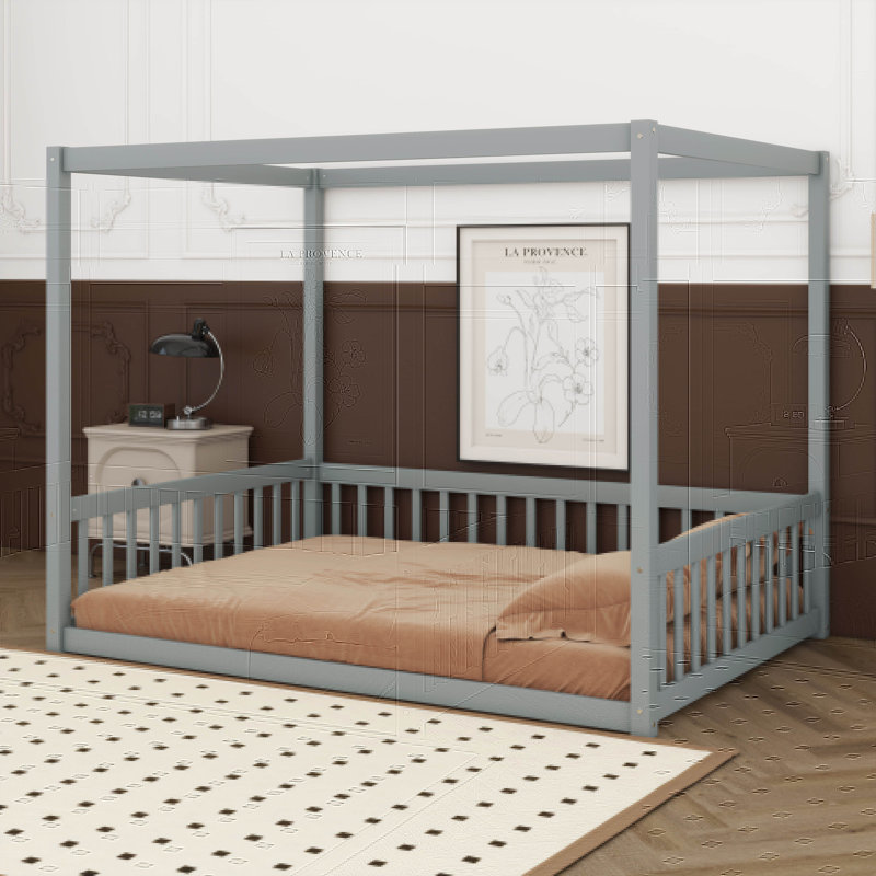 Lit à baldaquin pleine grandeur avec clôture pour filles et garçons, lit sur pied Montessori avec barrières de sécurité, gris