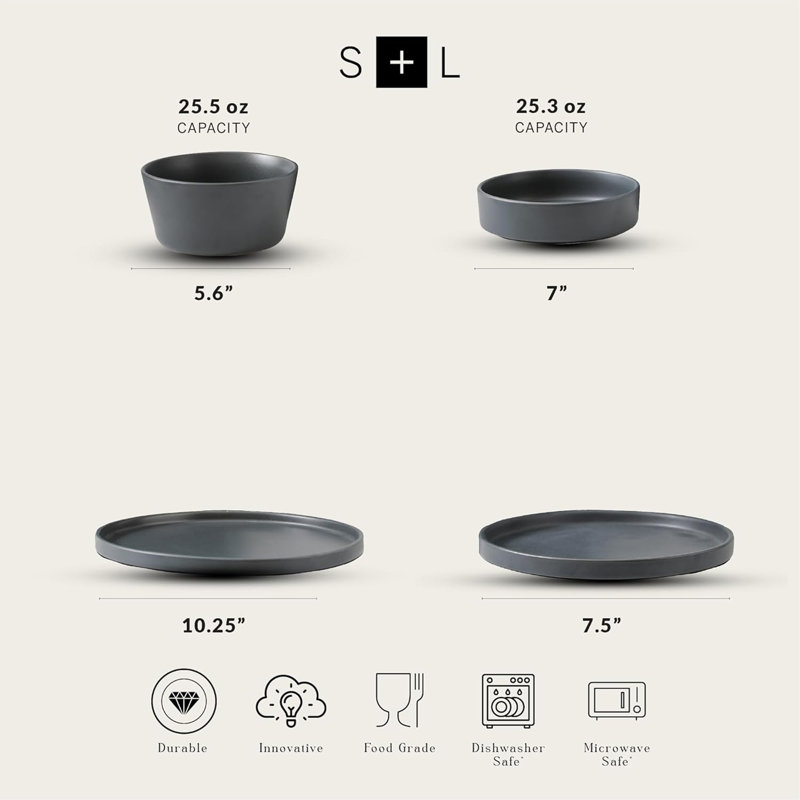 Stone Lain Celina Stoneware 16 Piece Dinnerware Set, Service for 4, Gray Matte