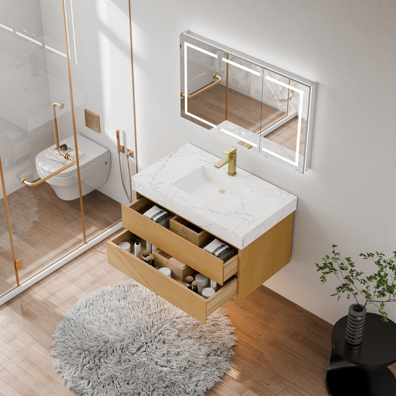 36" Floating Bathroom Vanity with Engineered Stone Top, Ceramic Sink & LED Night Light, Maple Yellow
