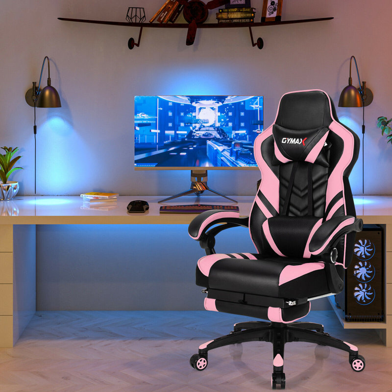 Gymax Adjustable Reclining Ergonomic Faux Leather Swiveling PC & Racing Game Chair with Footrest, Pink