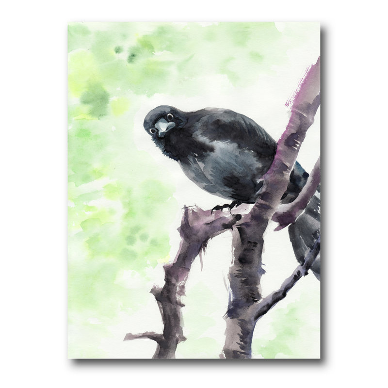 Curious Crow on a Branch - Peinture sur toile, H 32 po x l 16 po x P 1 po, Toile tendue