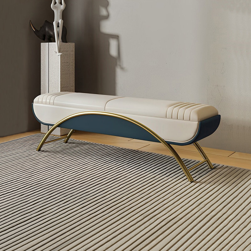 Banc de rangement rembourré avec tabouret italien, Blanc cassé / bleu foncé, H 18,5 po x l 47,24 po x P 16,92 po