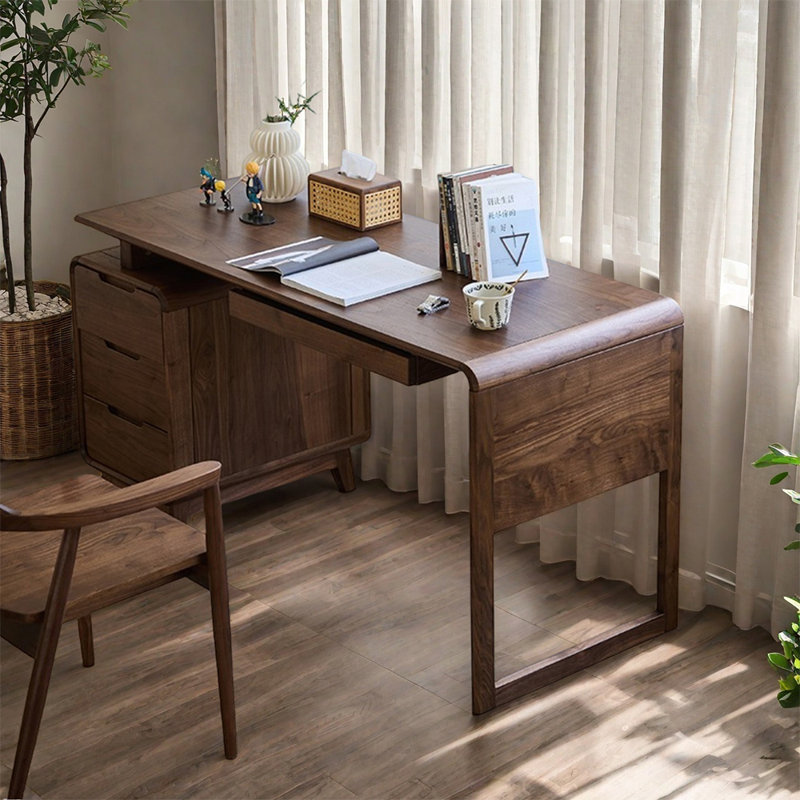 Modern Walnut Rectangular Nutbrown Solid Wood Desk, 29.52" H x 62.99" W x 25.59" D