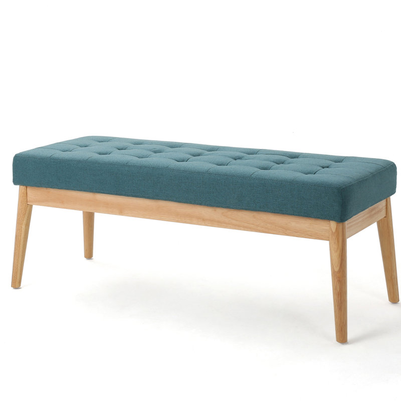 Versatile Teal With A Fabric Cover And Stable Birch Wood Leg Structure Mid-Century Modern Bench Button- Upholstery Legs,