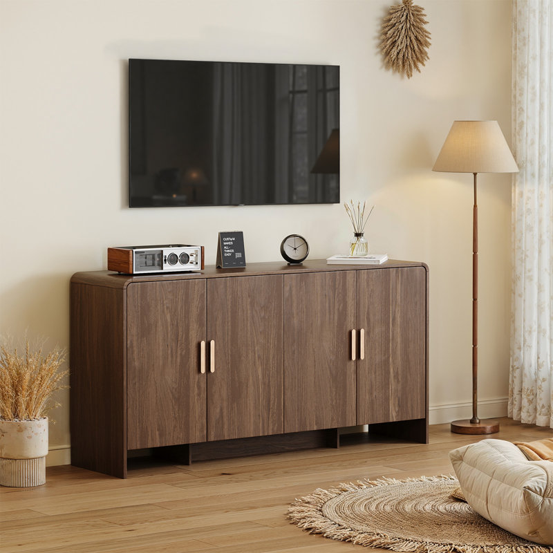 60” Sideboard Curved Cabinet With 4 Doors, Walnut