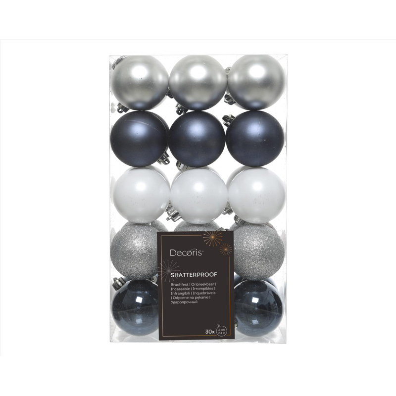 Decoris Blue/Silver/White Assorted Shatterproof Ornaments, Blue/Silver/White
