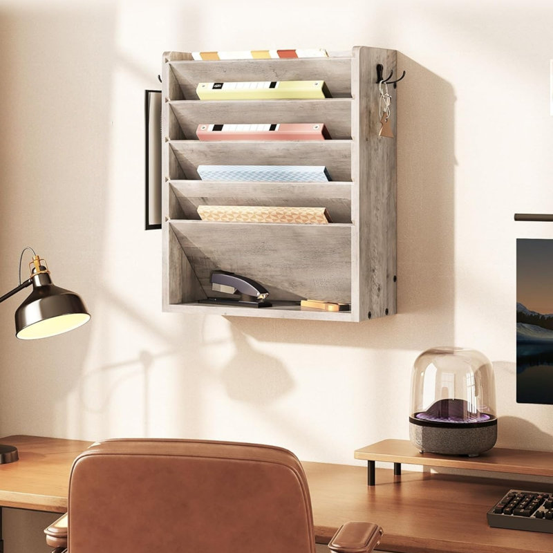 6-Tier Vertical Mount Hanging Holder with 2 Side Hooks, Modern Wooden Magazine Storage Holder, Beige