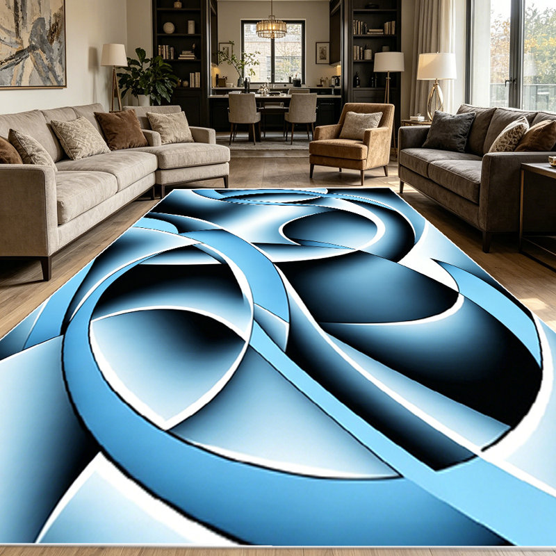 1PC Abstract 3D Swirling Geometric Blue Black Modern Art area rugs for Living Room, Soft and Comfortable, Suitable for all seasons, easy-to-maintain, machine washable Indoor floor mat, Under Table Farmhouse suitable for dining table, bedroom, home