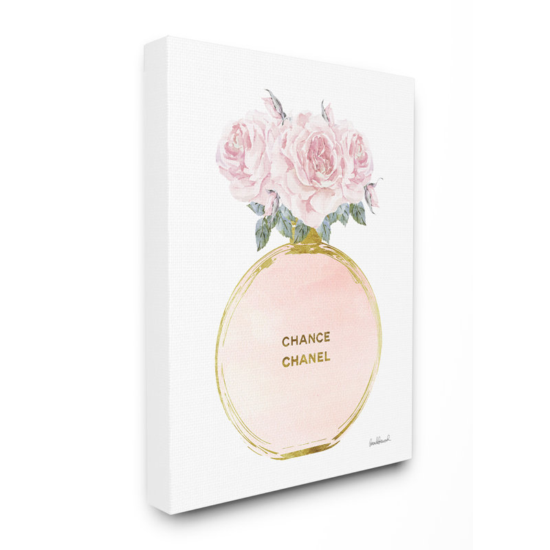 Bouteille de parfum ronde rose et or avec roses-impression d’art graphique, Toile tendue, H 20 po x l 16 po x P 1,5 po