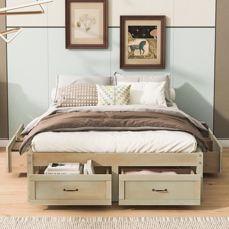 Lit plateforme double avec 6 tiroirs de rangement, Naturel antique