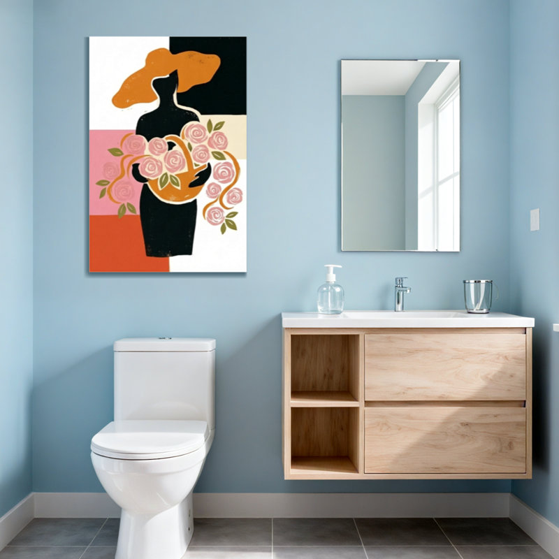 Plantes et fleurs, femme abstraite tenant un motif de roses, H 16 po x l 24 po