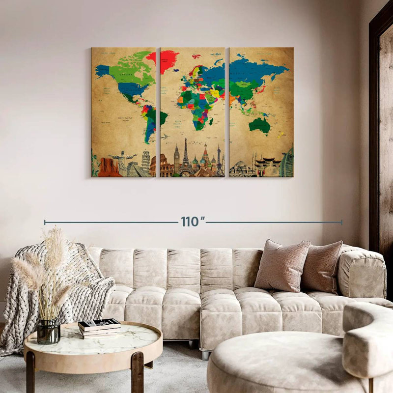 Carte du monde sur toile de la société 3 pièces, H 48 po x l 74 po x P 1,25 po