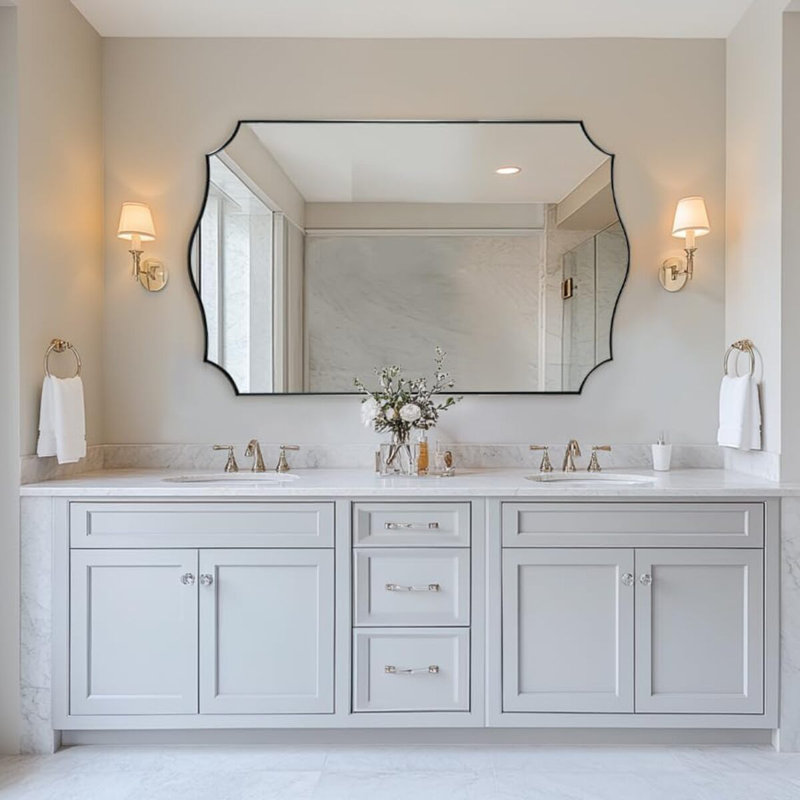 Anayalee Traditional Scalloped Rectangle Bathroom Vanity Mirror | Stainless Steel Frame, 48" x 30", Brushed Nickel
