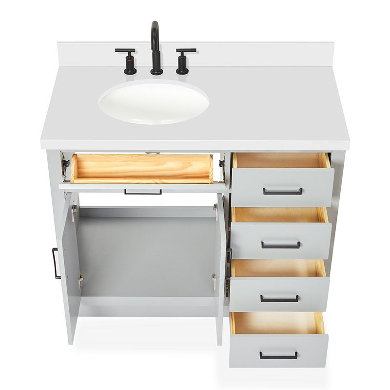 Meuble-lavabo simple en bois massif 42 po Tidworth avec plateau en quartz blanc 1,5 po, Gauche, Ovale, Gris