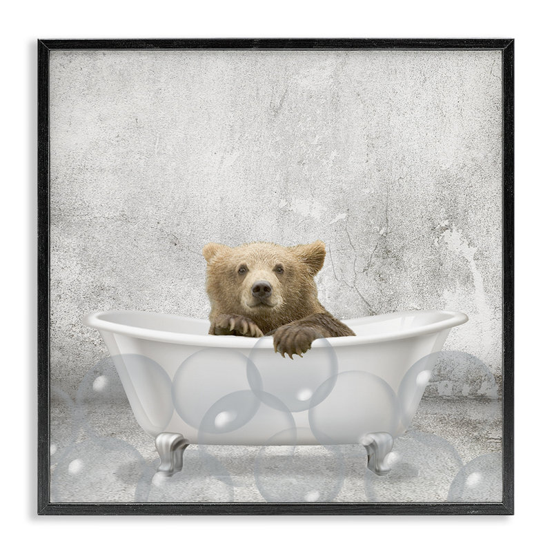 «Baby Bear Bath Time Cute Animal», reproduction d'impression, H 12 po x l 12 po, Giclée encadrée noir minuit