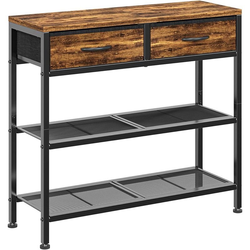 Console étroite avec 2 tiroirs en tissu et 3 tablettes de rangement à 3 niveaux, canapé brun rustique avec structure en métal, pieds réglables, table d'entrée derrière le canapé