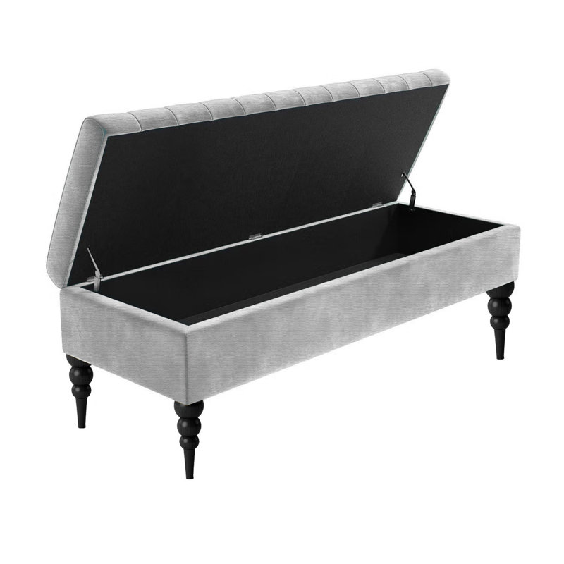 Sierra Striped Upholstered Ottoman Storage Bench - Naples Shoe Bench Footstool with Storage & Turned Wooden Legs, Silver