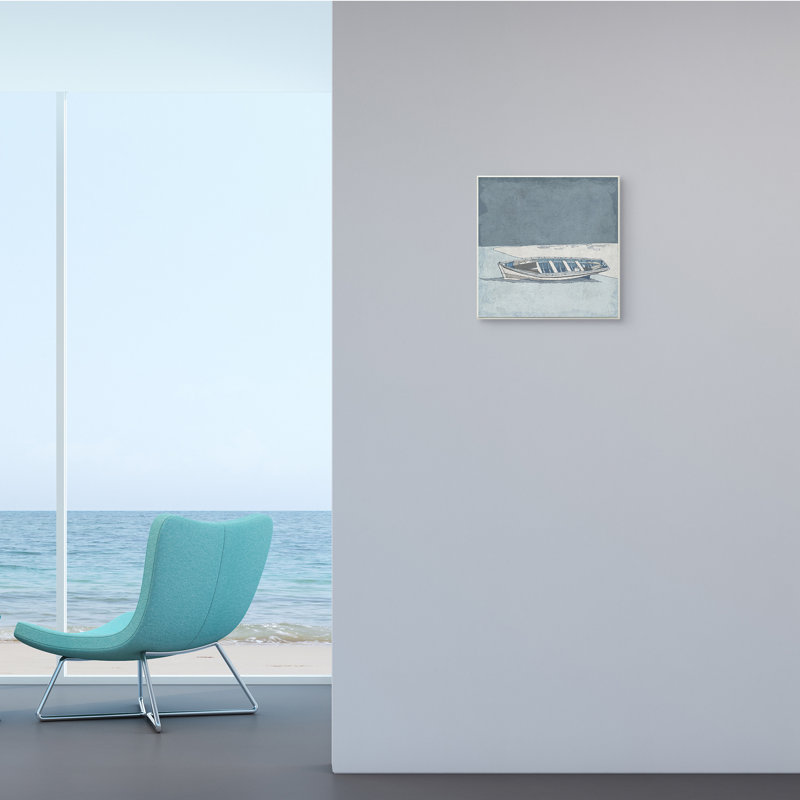 Paysage de plage en barque bleue monochrome par Ynon Mabat - peinture, Plaque murale, H 12 po x l 12 po