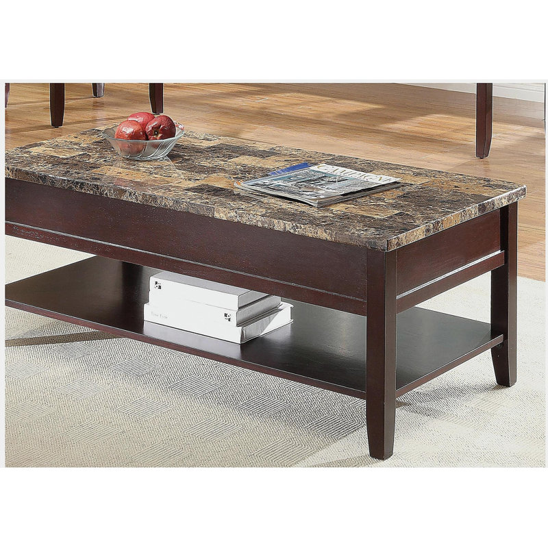 1 table de vin avec rangement en bois de cerisier foncé, plateau en marbre artificiel, 1 meuble de salon moderne
