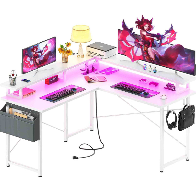 Black L-Shaped Gaming Desk with Power Outlets and Storage