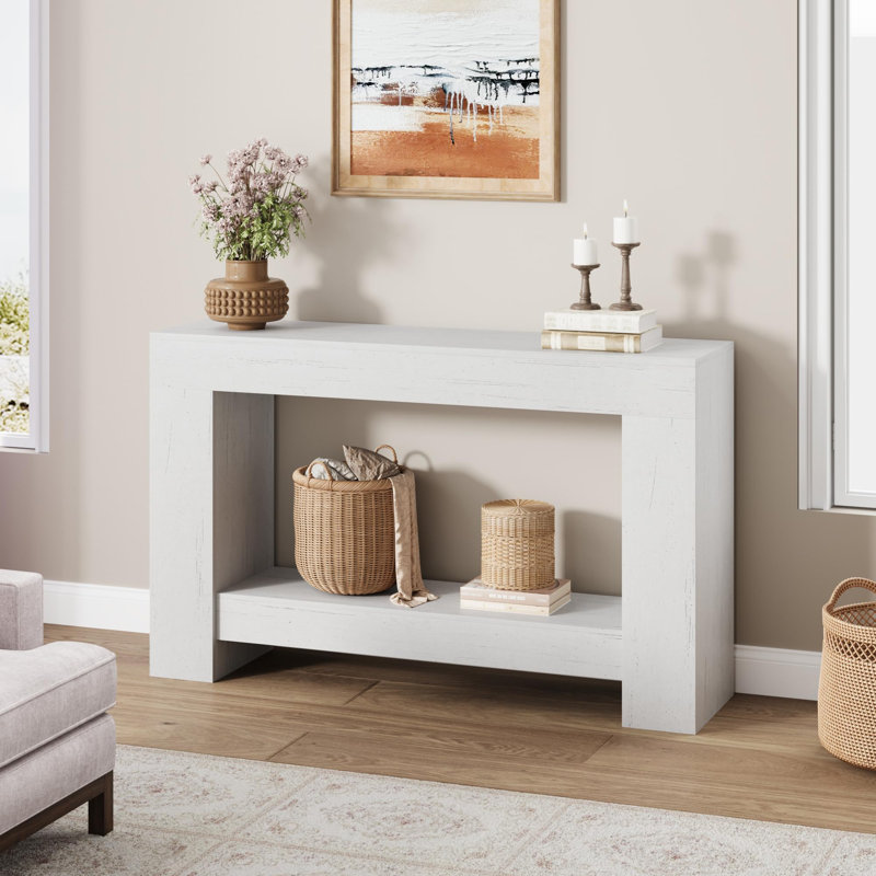 47.2''Farmhouse Console Table – 2-Tier Long Dining Sofa Table – Open Storage Shelf, Versatile Entryway Accent – Living Room, Hallway -White