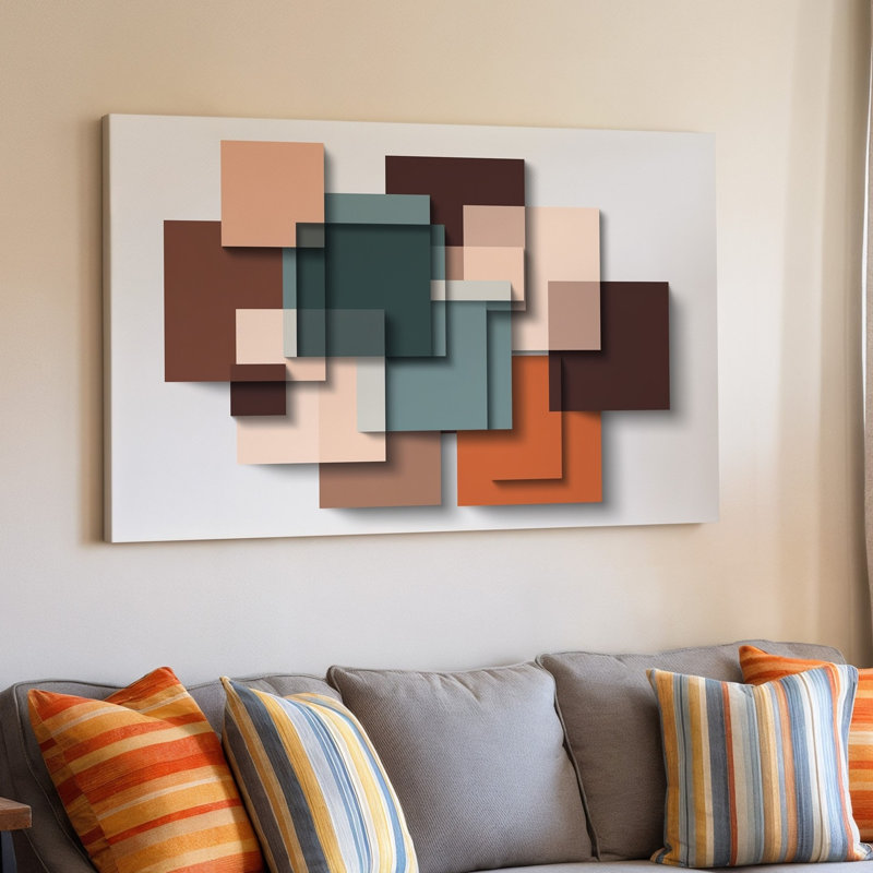 La toile crée une composition géométrique abstraite avec un mélange harmonieux de formes et de couleurs d'art mural, y compris des carrés et de l'art mural sur toile