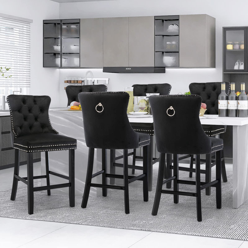 Modern Velvet Upholstered Bar Stools Set, Black, Black