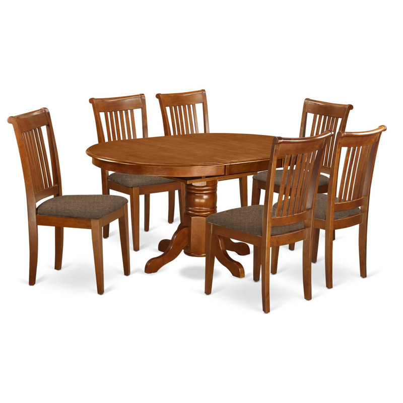 7 Piece Dining Set Consist of an Oval Dining Room Table with Butterfly Leaf and 6 Linen Fabric Kitchen Chairs, Saddle Brown