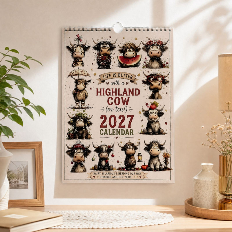 Calendrier mural surprise 2027 avec vache, style vintage, idéal pour décorer la maison ou le bureau.