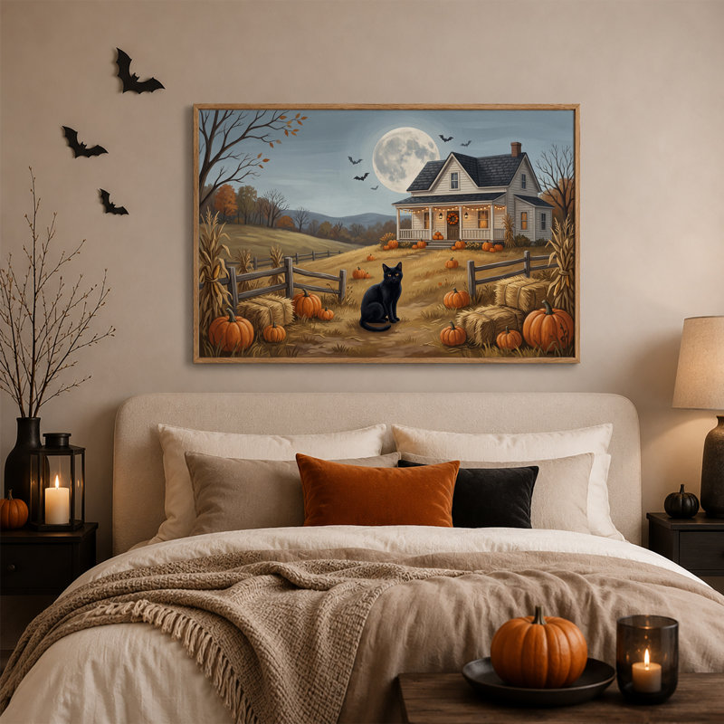 «Black Cat Sitting in Pumpkin Patch Under Full Halloween», art mural sur toile, 32"H x 48"W