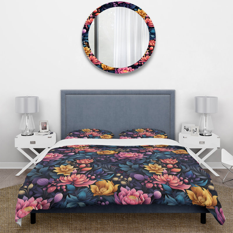 Literie enchantée de pivoines bohémiennes bleues et roses II, Housse de couette pour très grand lit et 2 très