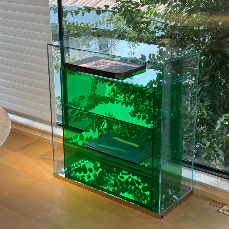 Verre vert + vitrines en acier inoxydable, Vert