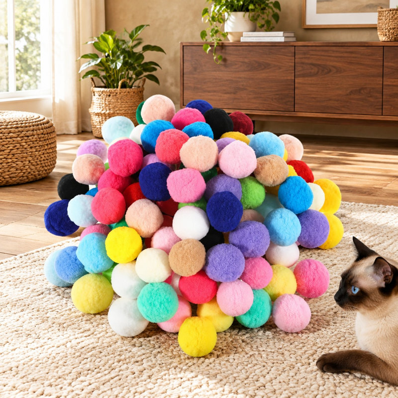 Ensemble de 100 balles à pompons colorées pour chat, jouets interactifs doux et moelleux de 2,5 cm (1 pouce) pour l'exercice et le jeu des chatons calmes.