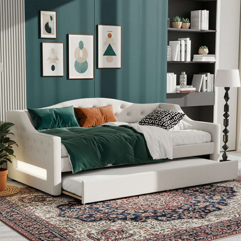 84" Wide Twin XL Upholstered Daybed with Trundle - 80" Extra Long Sofa Bed with Remote Controlled 7-Color LED Lights - Premium Linen Bed Frame - Beige