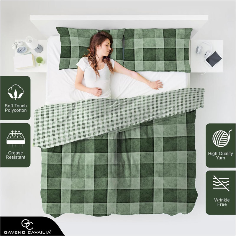 Modern Check Pattern Polycotton Duvet Cover and Pillowcase Set - Machine Washable, Super King, Green