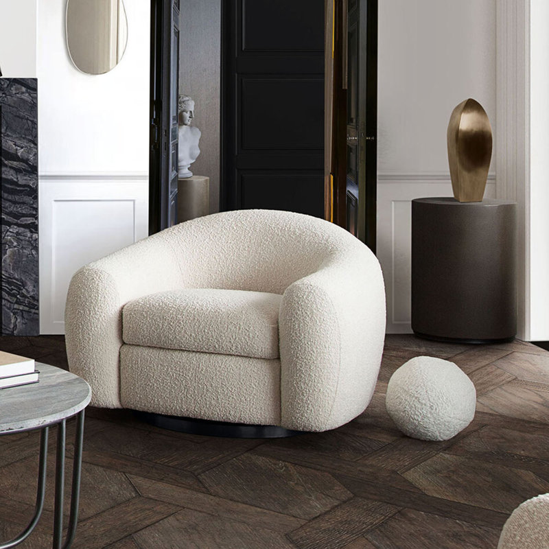 Eucalyptus Solid Wood Barrel Swivel Chair in Bone Boucle
