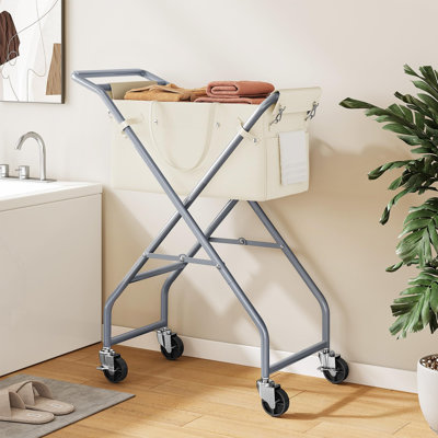 Chariot à linge, panier à roulettes avec roues et poignée verrouillables, panier pliable sans vis (beige)