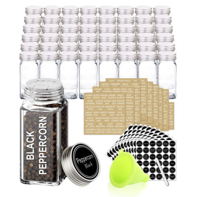 48 Glass Spice Jars With 713 Spice Labels, Chalk Marker And Funnel Complete Set. 48 Square Glass Jars 4OZ, Airtight Cap, Pour/Sift Shaker Lid