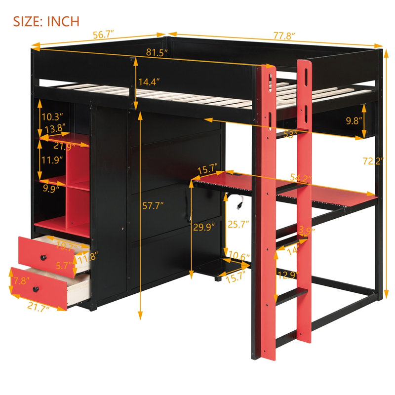 Lit mezzanine double en bois massif avec bureau, armoire de rangement et garde-robe, lit mezzanine haut avec bande lumineuse à DEL avec contrôle intelligent APP, ports de charge USB